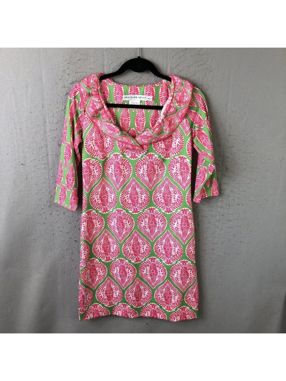 Gretchen Scott Dress Womens S Pink Green Paisley Shift Cowl Neck 3/4 Sleeve